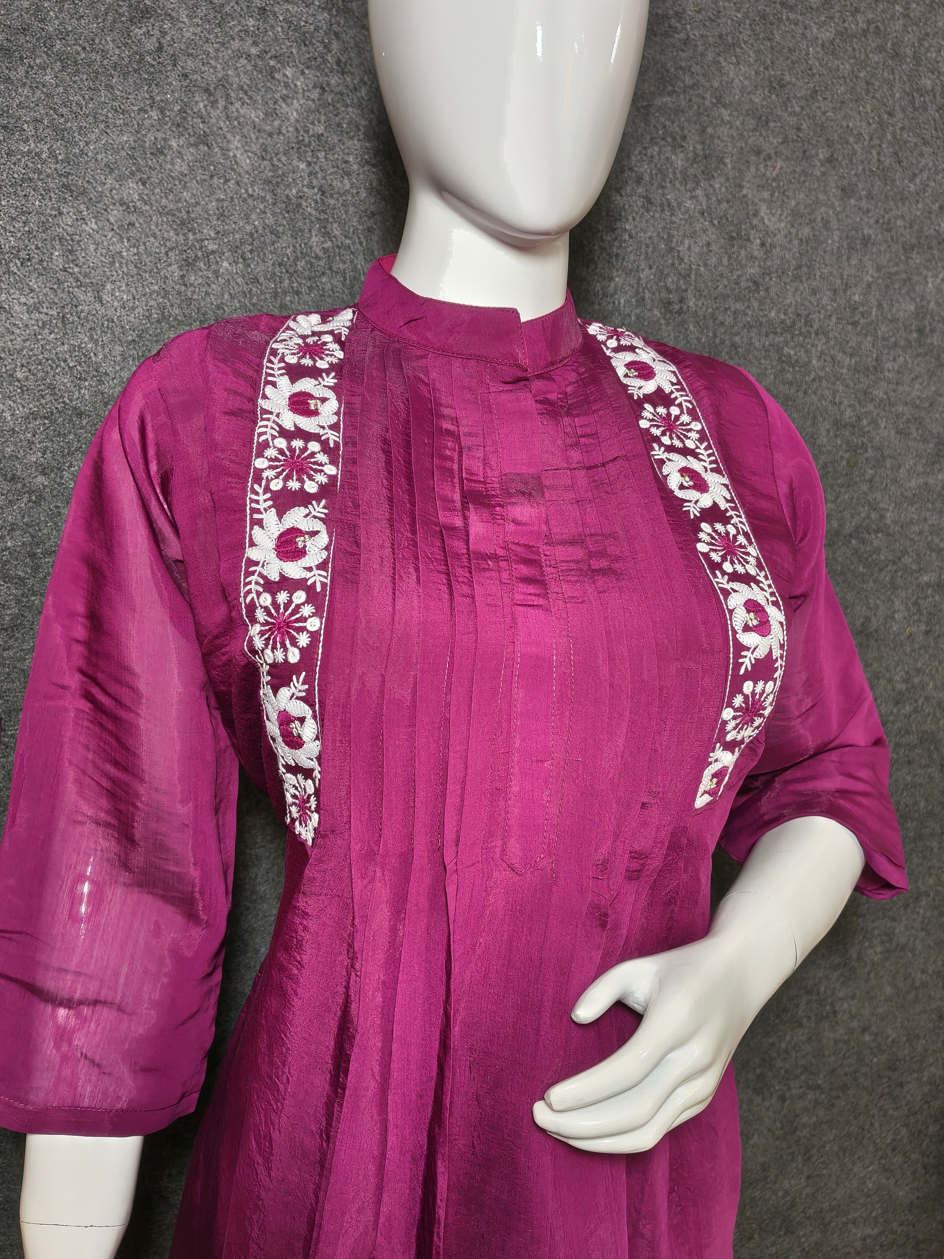 Deep Wine Embroidered Anarkali Suit Set for Women | Silk Blend Kurta with Pants & Dupatta