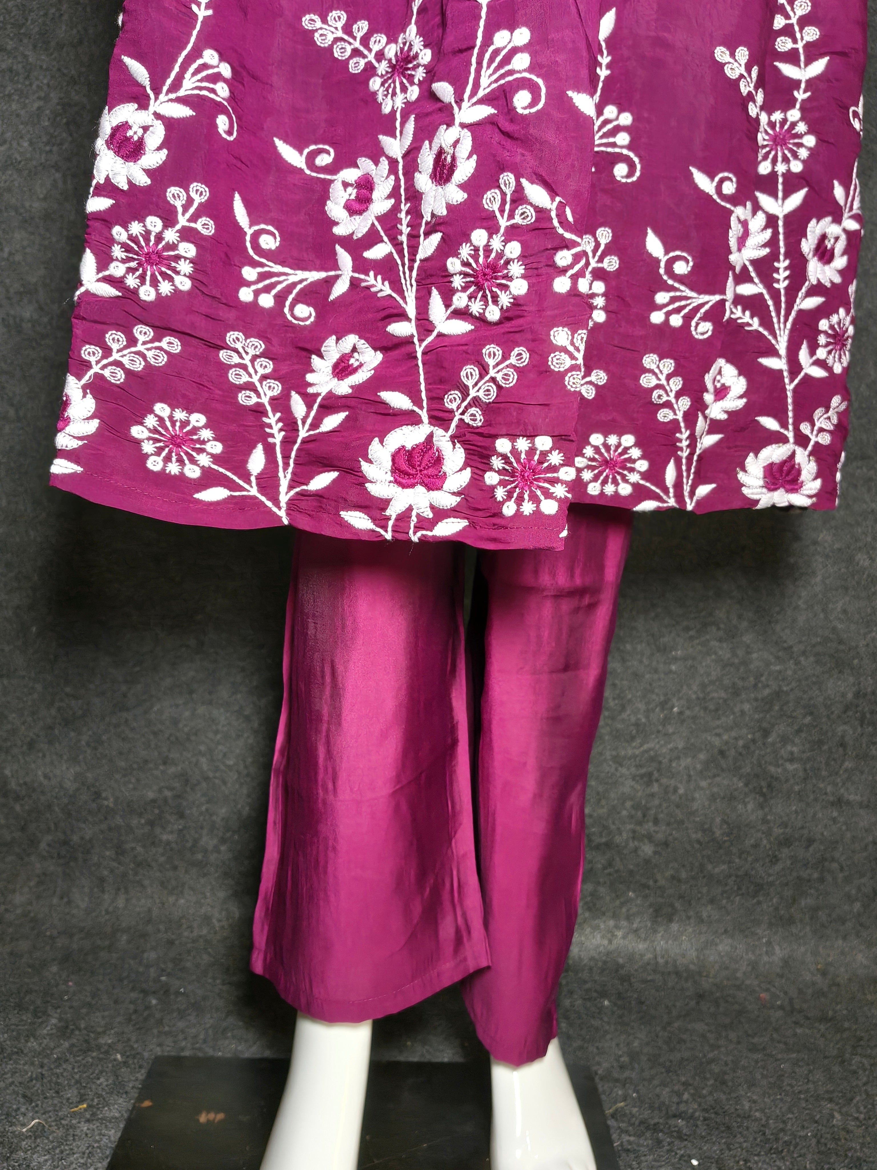 Deep Wine Embroidered Anarkali Suit Set for Women | Silk Blend Kurta with Pants & Dupatta