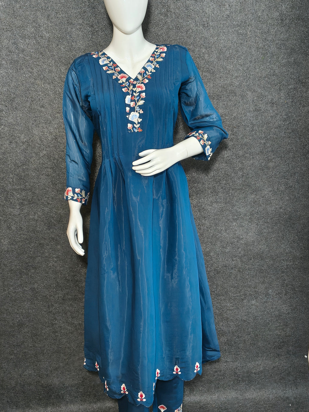 Blue Anarkali Suit Set – Embroidered Kurta with Churidar & Dupatta Traditional Silk Blend Ethnic Wear