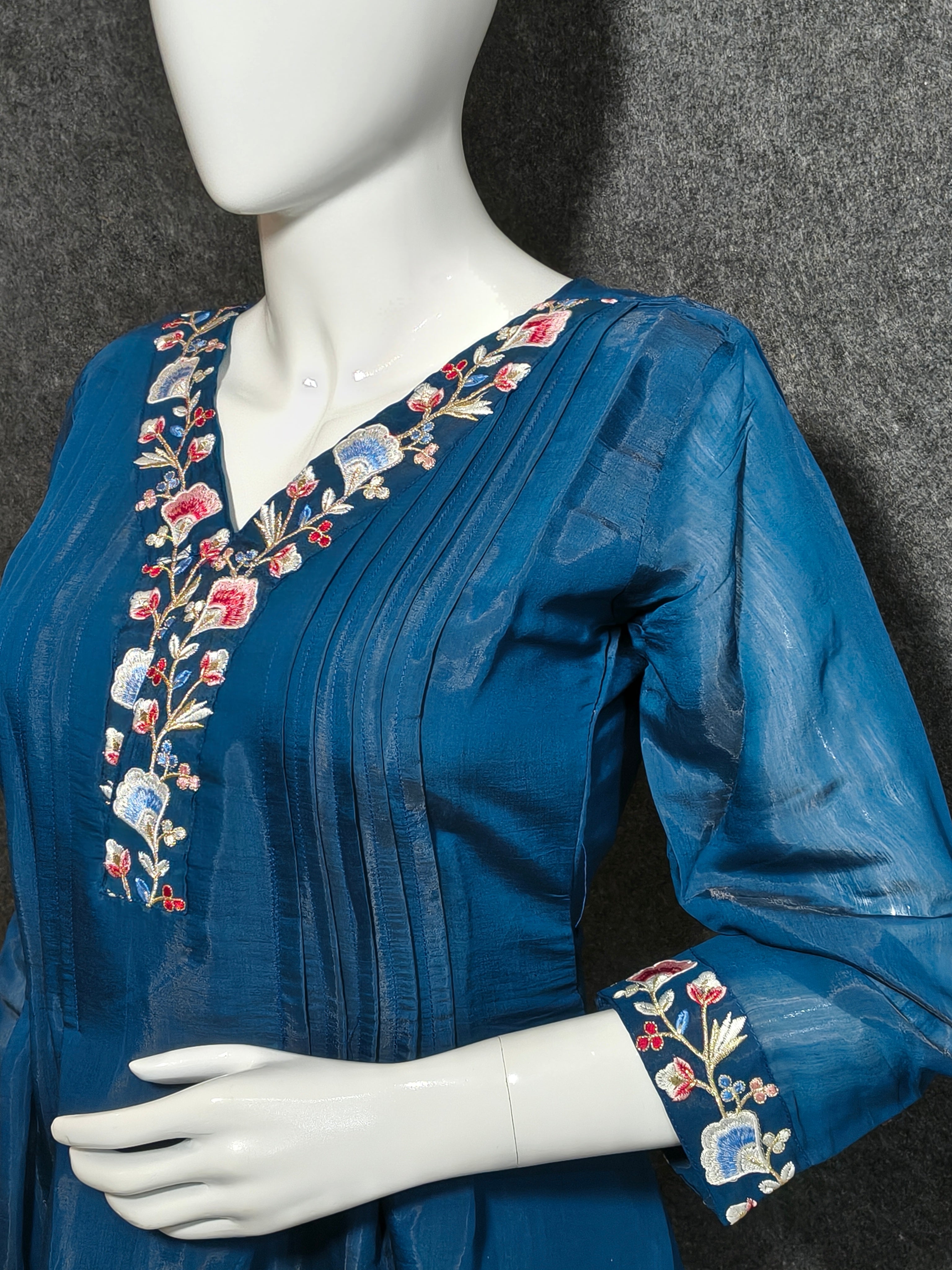 Blue Anarkali Suit Set – Embroidered Kurta with Churidar & Dupatta Traditional Silk Blend Ethnic Wear