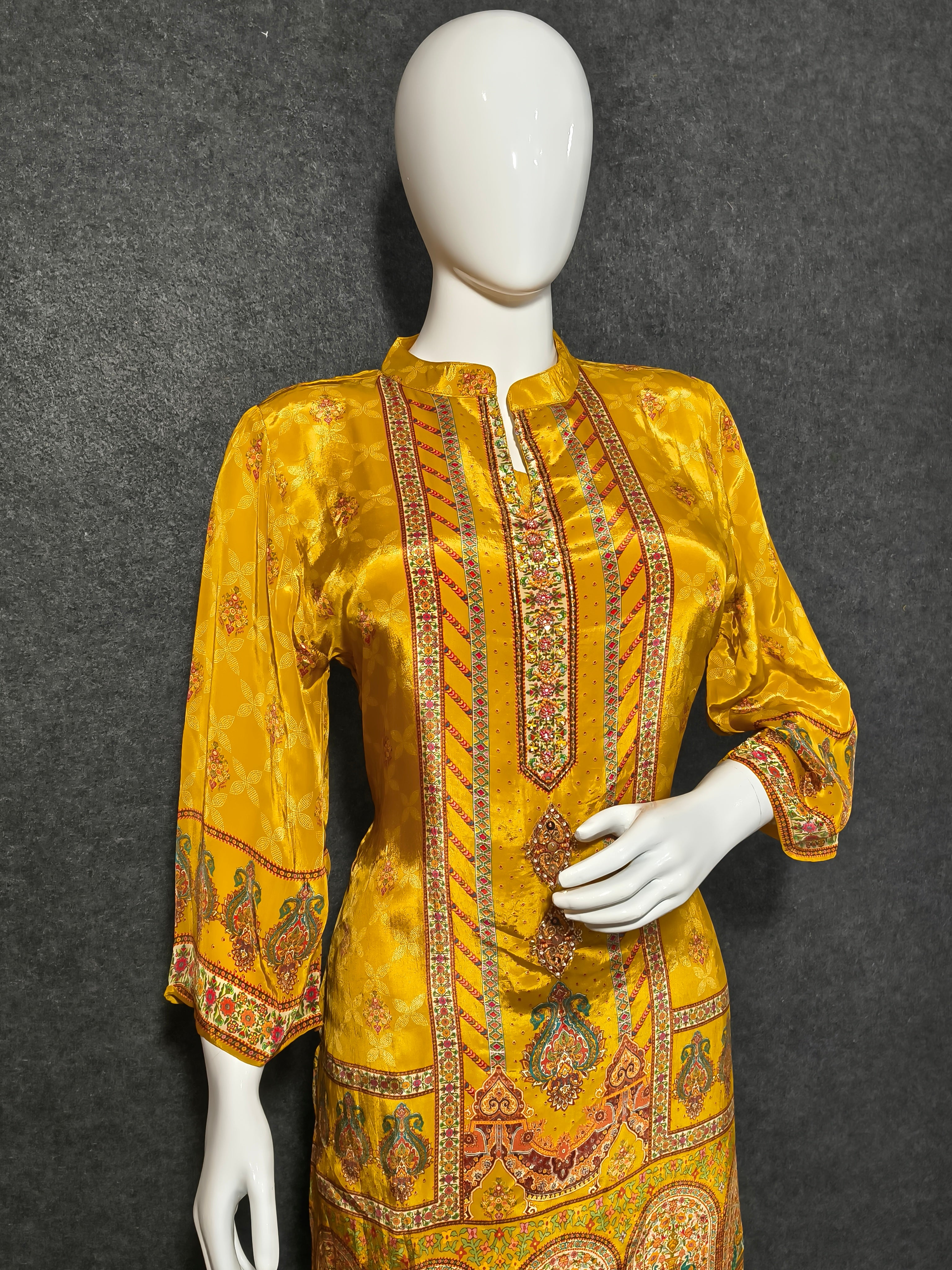 Mustard Yellow Printed Silk Co-Ord Set for Women | Festive & Ethnic Wear