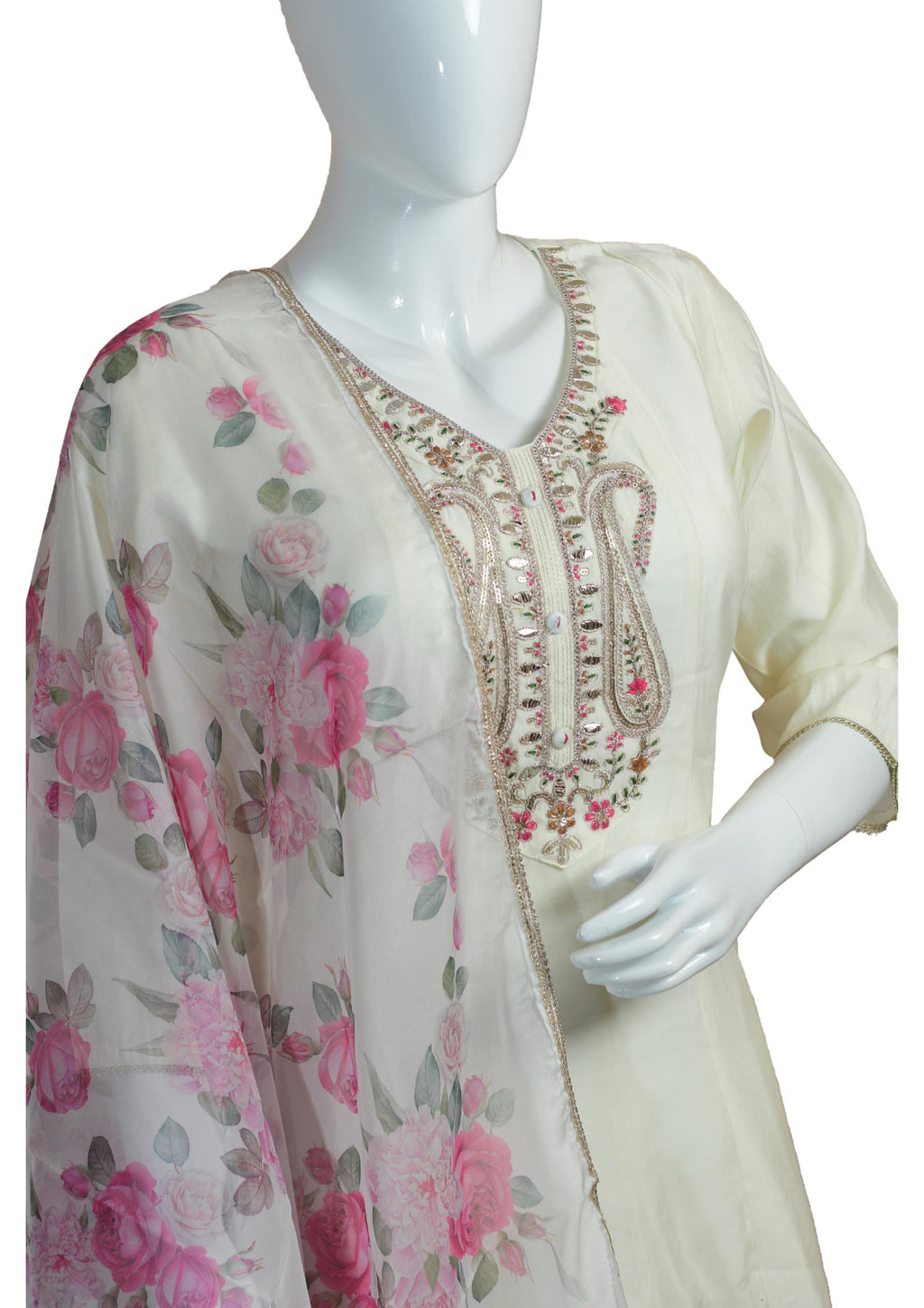 Elegant Cream Anarkali Suit with Floral Printed Dupatta and Intricate Embroidery – Festive & Wedding Wear
