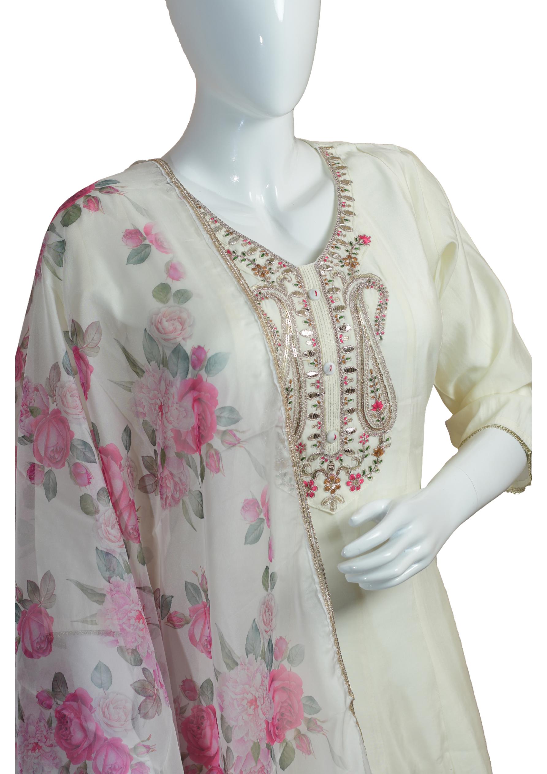 Elegant Cream Anarkali Suit with Floral Printed Dupatta and Intricate Embroidery – Festive & Wedding Wear