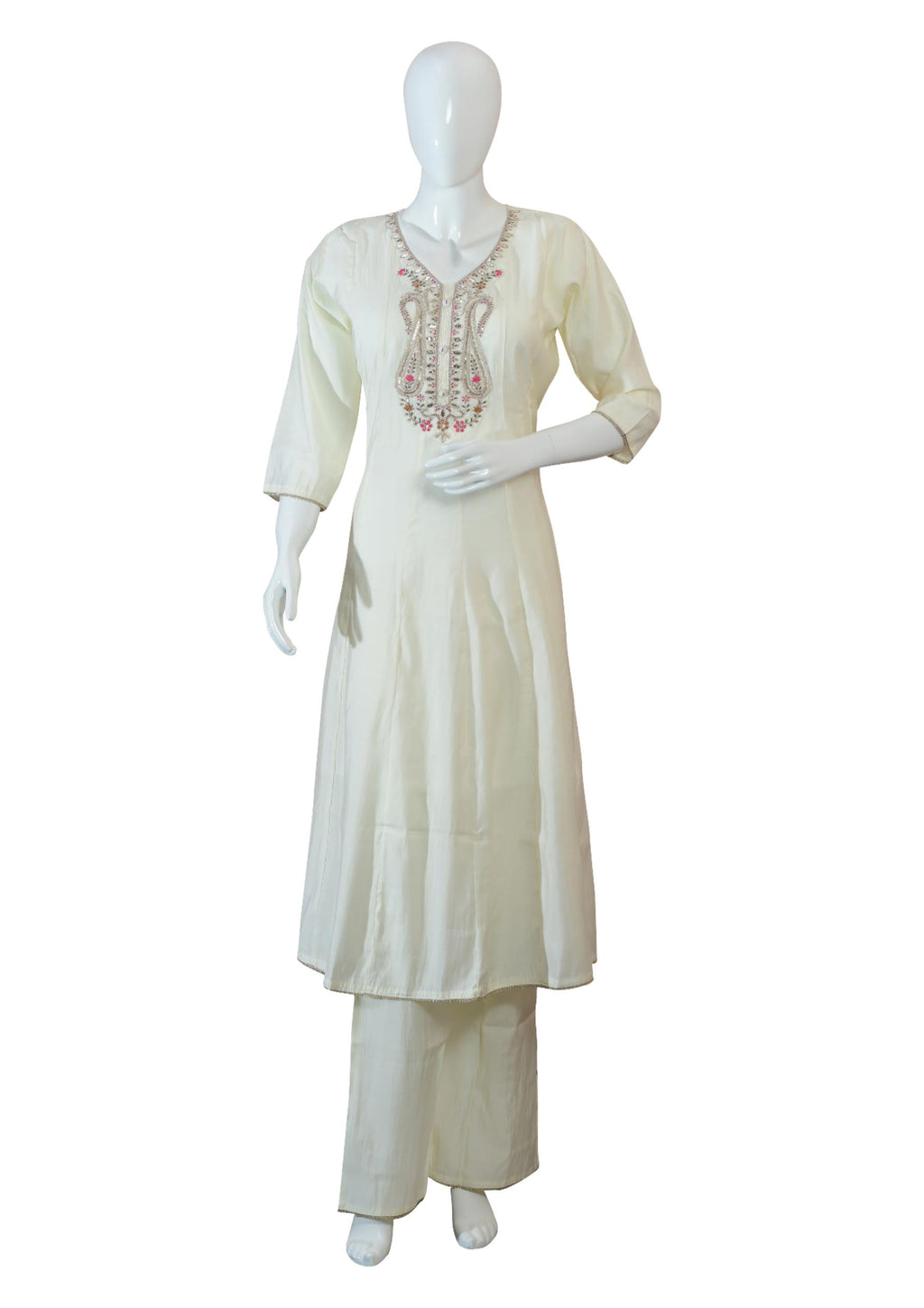 Elegant Cream Anarkali Suit with Floral Printed Dupatta and Intricate Embroidery – Festive & Wedding Wear