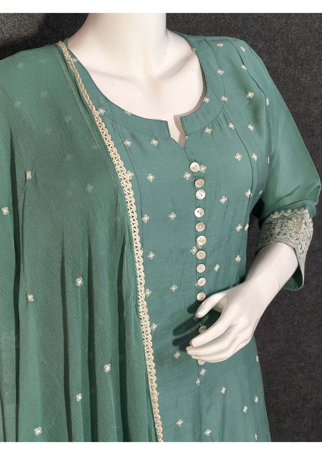 Elegant Teal Cotton Anarkali Suit with Intricate Thread Embroidery and Lace-Trimmed Dupatta – Festive & Ethnic Wear