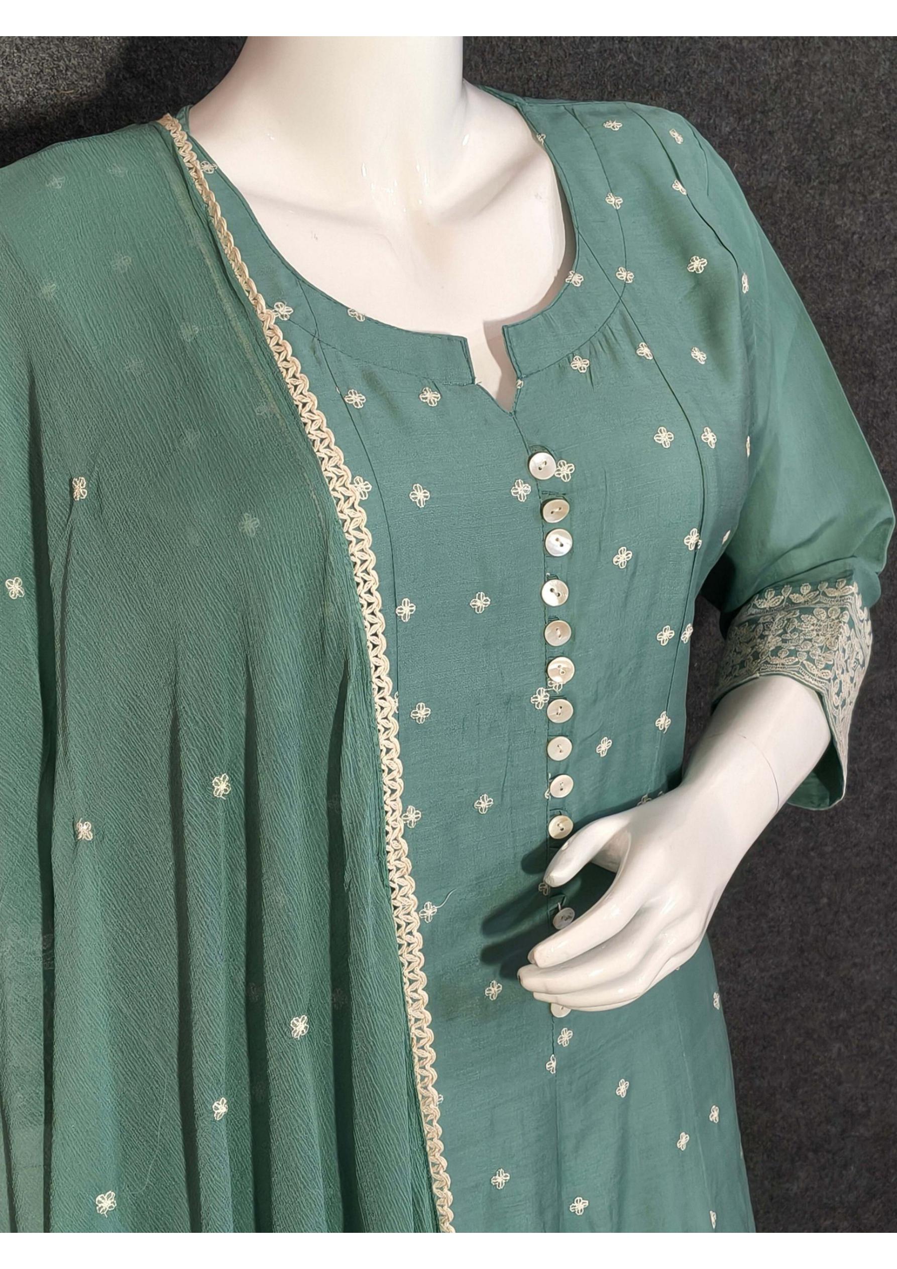 Elegant Teal Cotton Anarkali Suit with Intricate Thread Embroidery and Lace-Trimmed Dupatta – Festive & Ethnic Wear