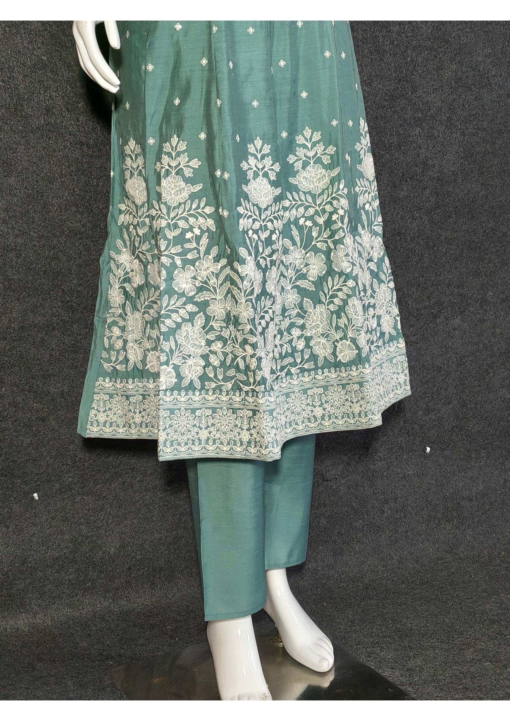 Elegant Teal Cotton Anarkali Suit with Intricate Thread Embroidery and Lace-Trimmed Dupatta – Festive & Ethnic Wear