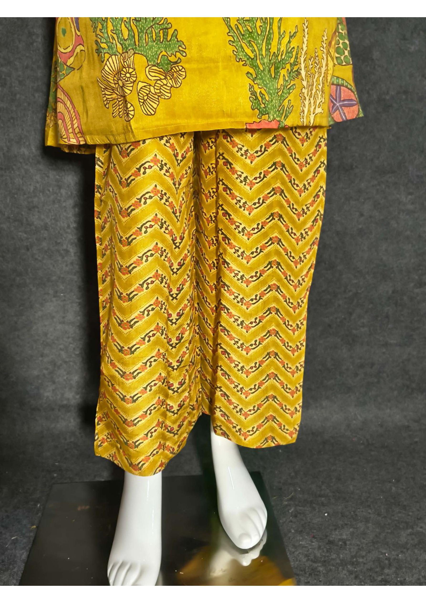 Mustard Yellow Floral Co-ord Set for Women – Ethnic Printed Top & Chevron Pants Festive & Casual Wear