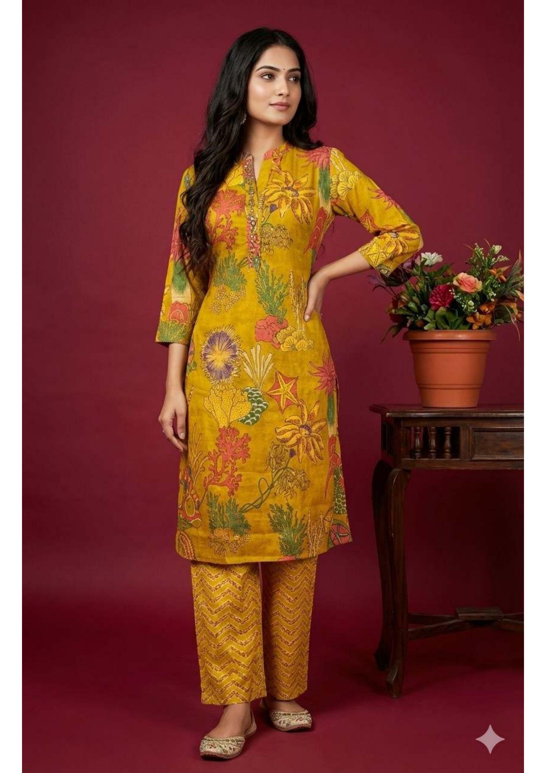 Mustard Yellow Floral Co-ord Set for Women – Ethnic Printed Top & Chevron Pants Festive & Casual Wear