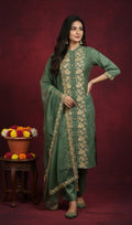 Green Roman Silk Suit with Hand Thread Embroidery & Dupatta