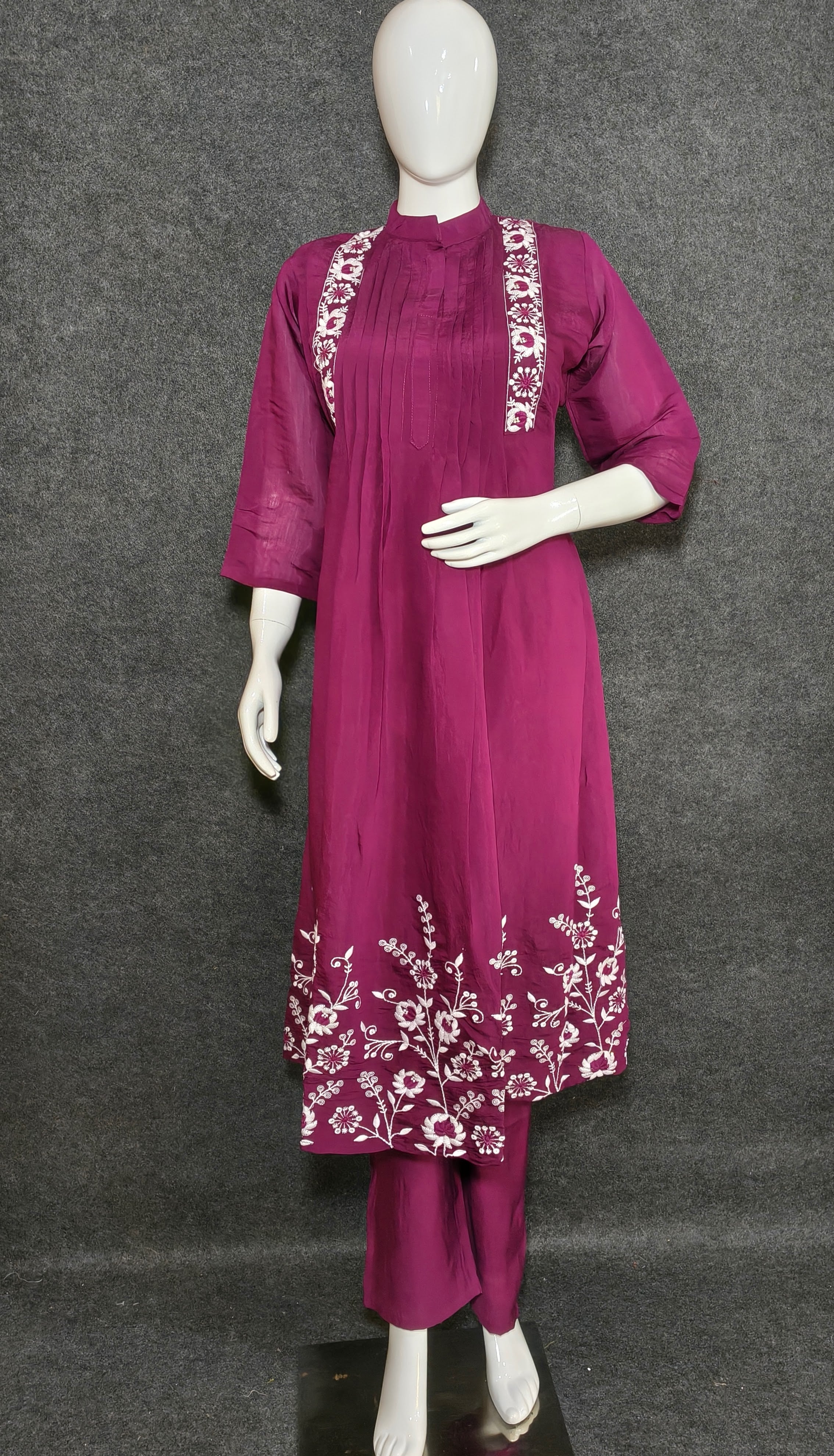 Deep Wine Embroidered Anarkali Suit Set for Women | Silk Blend Kurta with Pants & Dupatta