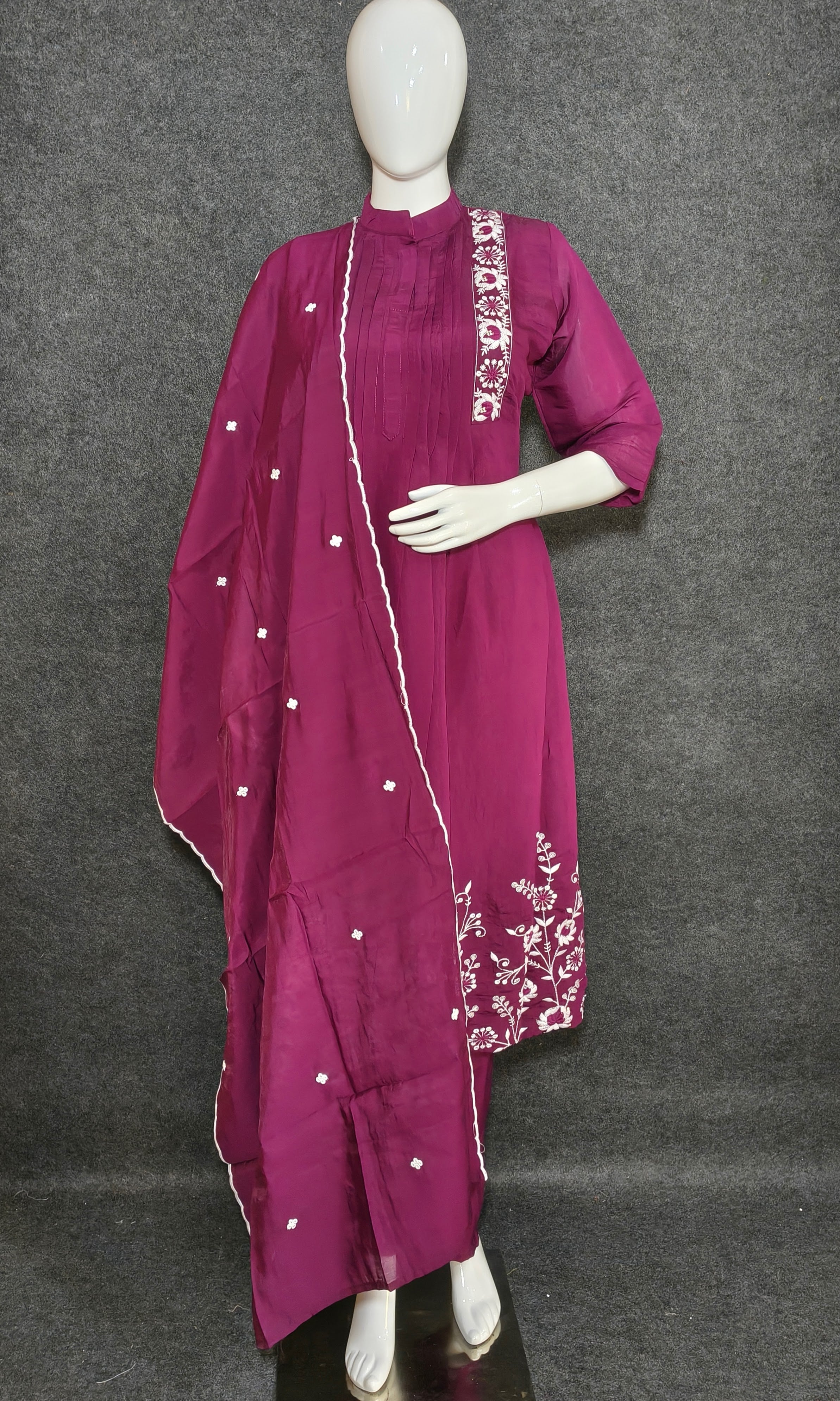 Deep Wine Embroidered Anarkali Suit Set for Women | Silk Blend Kurta with Pants & Dupatta