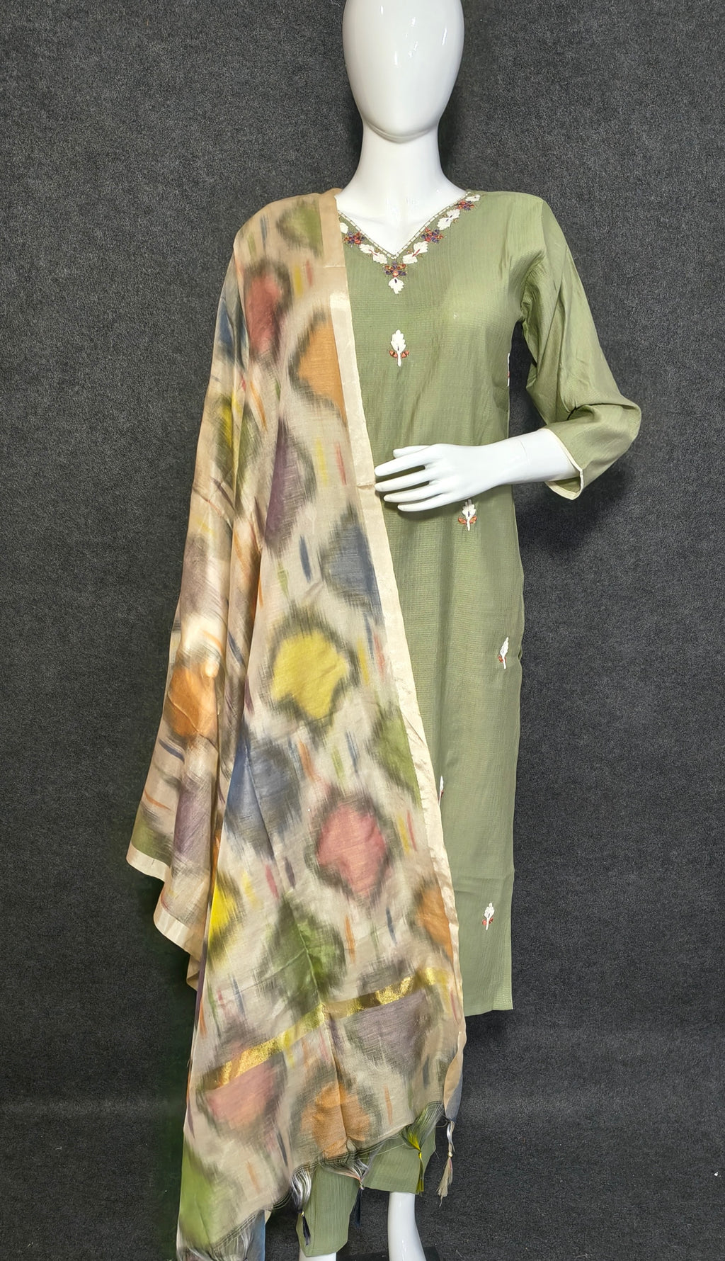 Olive Roman Silk Suit Set with Hand Embroidery & Silk Blend Dupatta