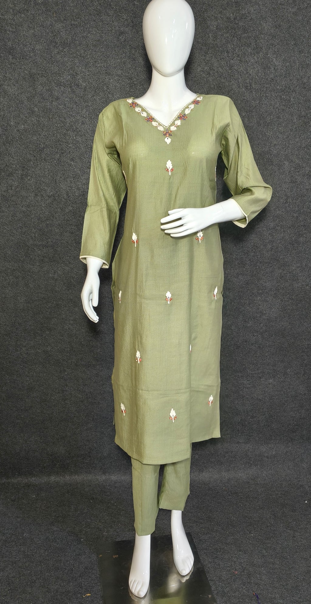 Olive Roman Silk Suit Set with Hand Embroidery & Silk Blend Dupatta