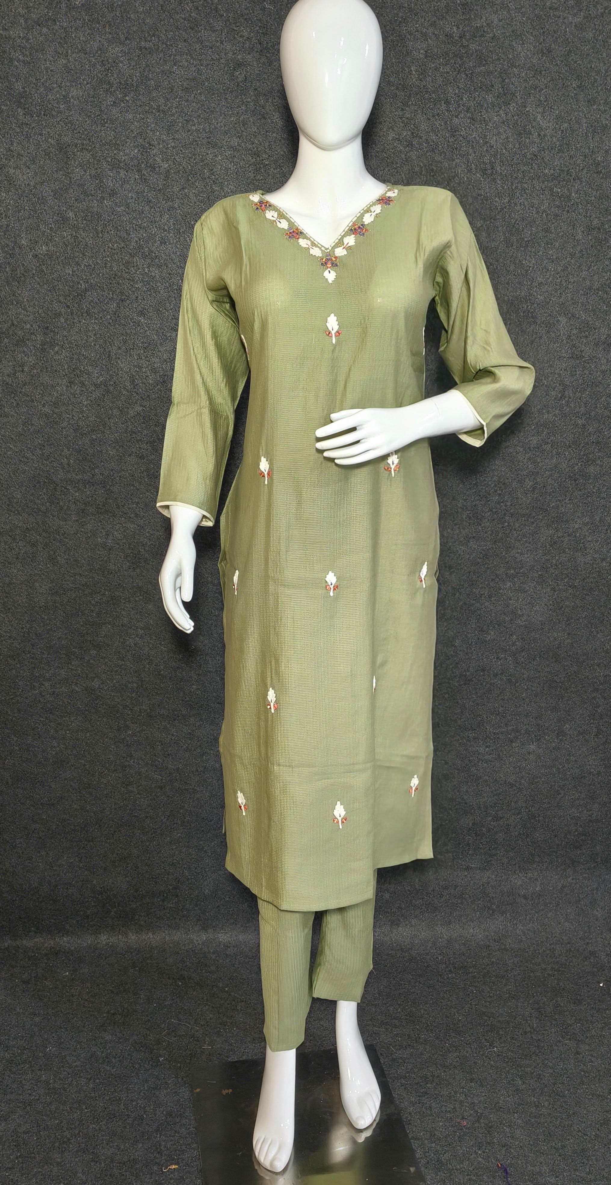 Olive Roman Silk Suit Set with Hand Embroidery & Silk Blend Dupatta