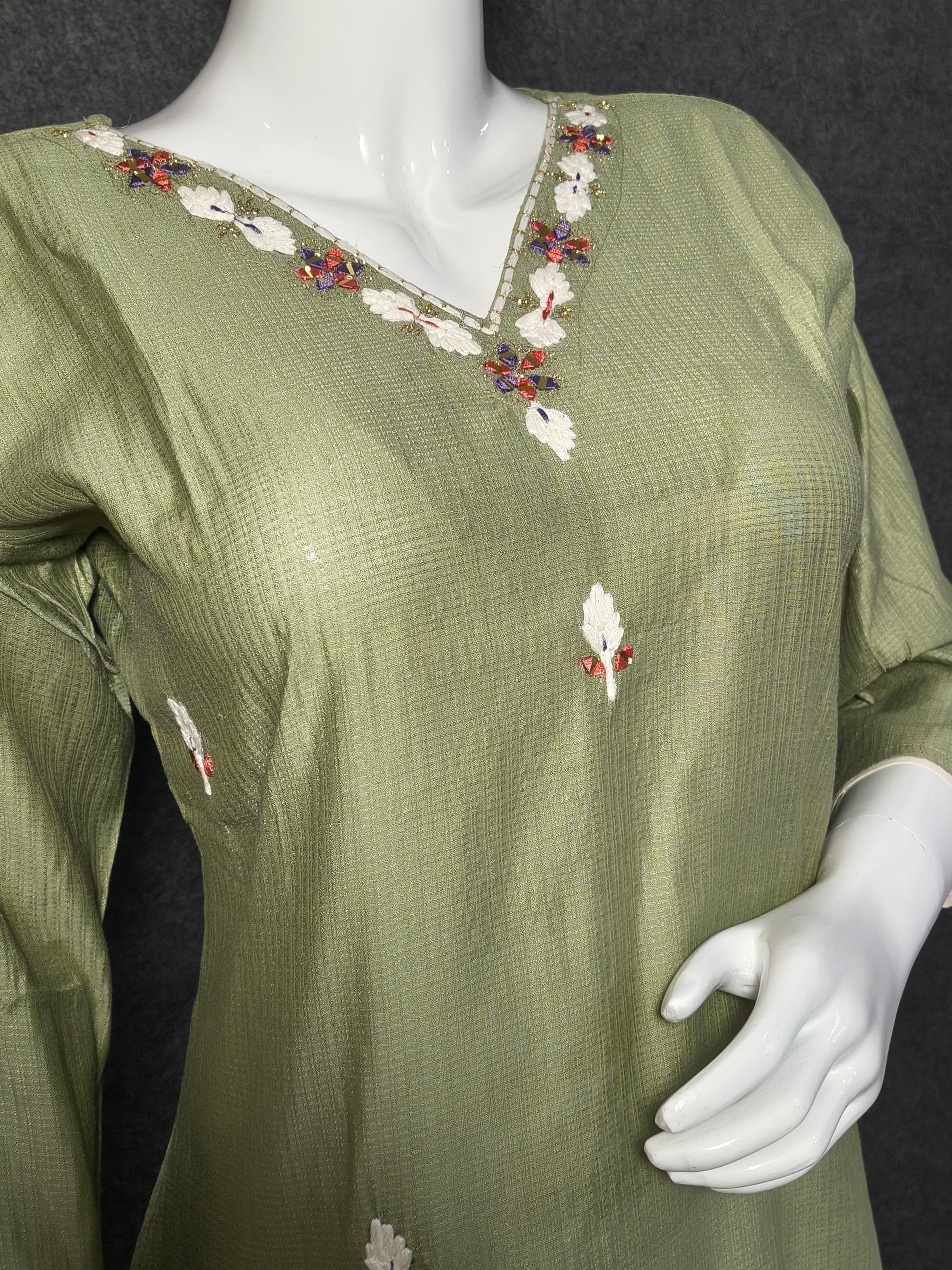 Olive Roman Silk Suit Set with Hand Embroidery & Silk Blend Dupatta