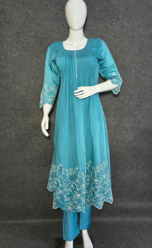 Aqua Blue Hand-Embroidered Pleated Anarkali with Dupatta