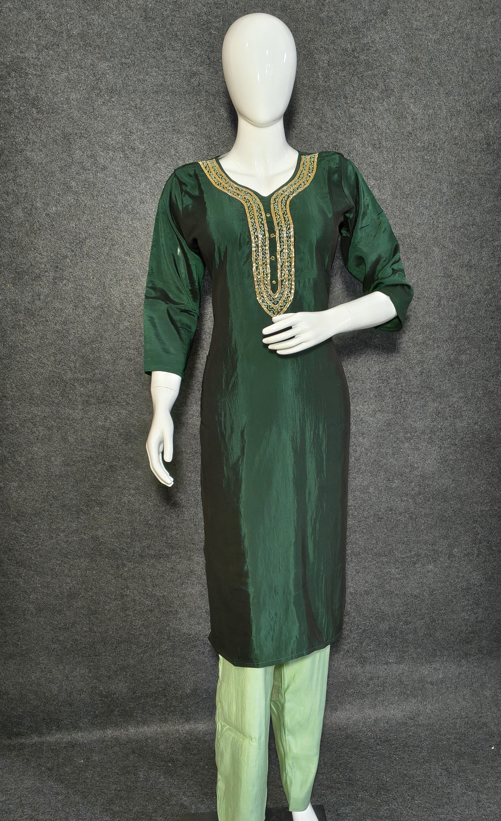 Elegant Roman Silk Suit with Embroidered Neckline & Organza Dupatta