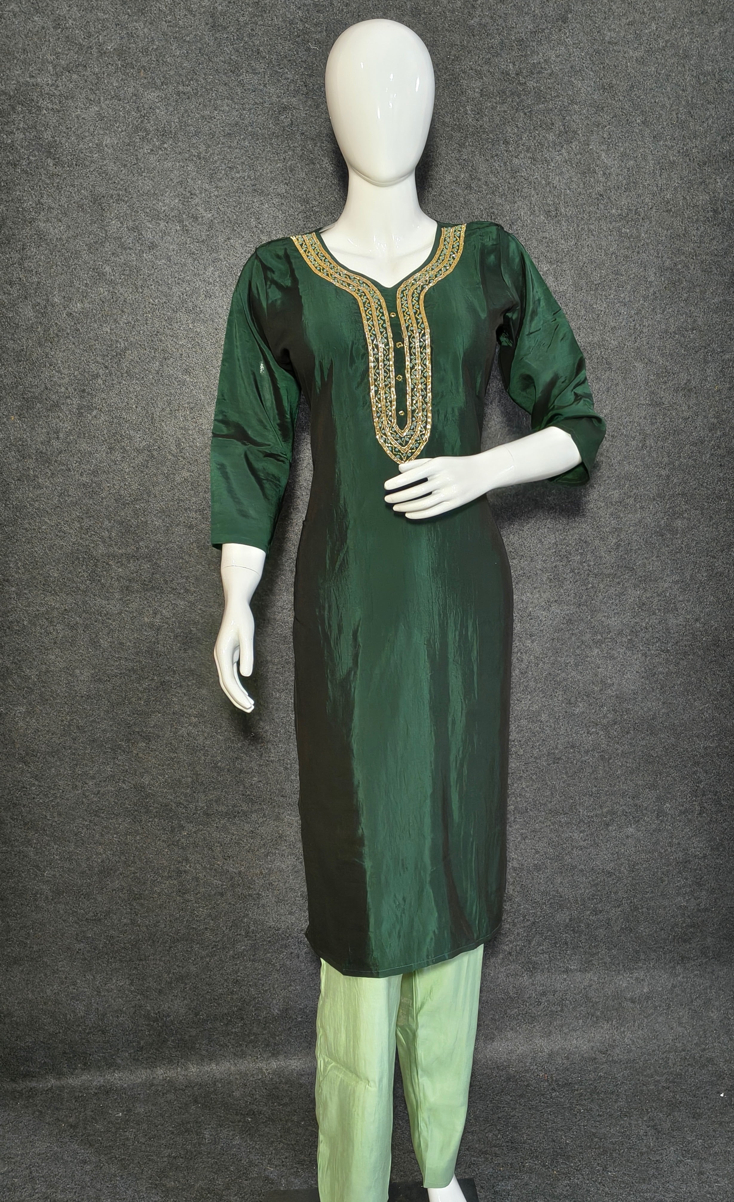 Elegant Roman Silk Suit with Embroidered Neckline & Organza Dupatta
