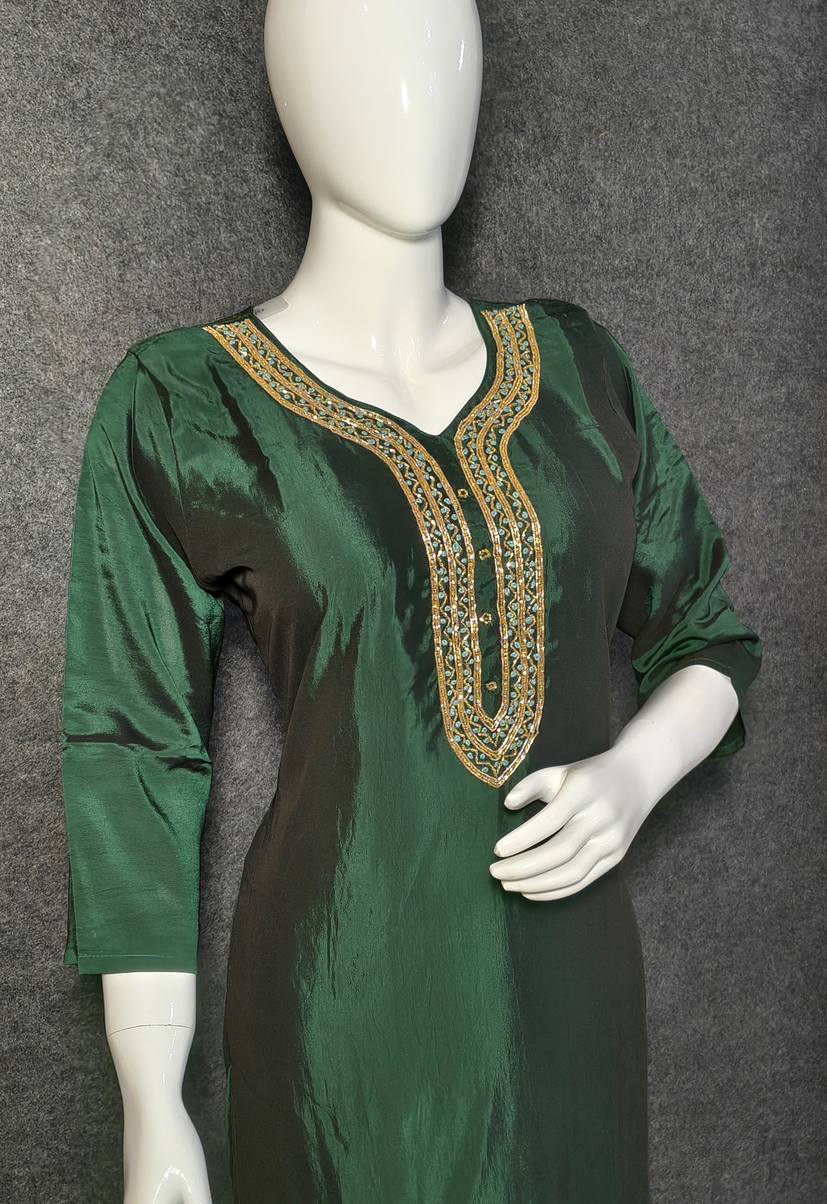 Elegant Roman Silk Suit with Embroidered Neckline & Organza Dupatta