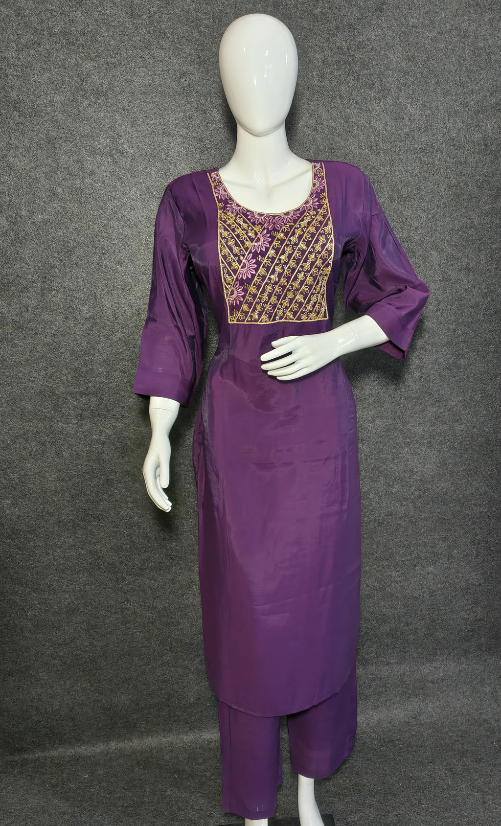 Royal Purple Roman Silk Suit with Organza Dupatta & Embroidered Neckline