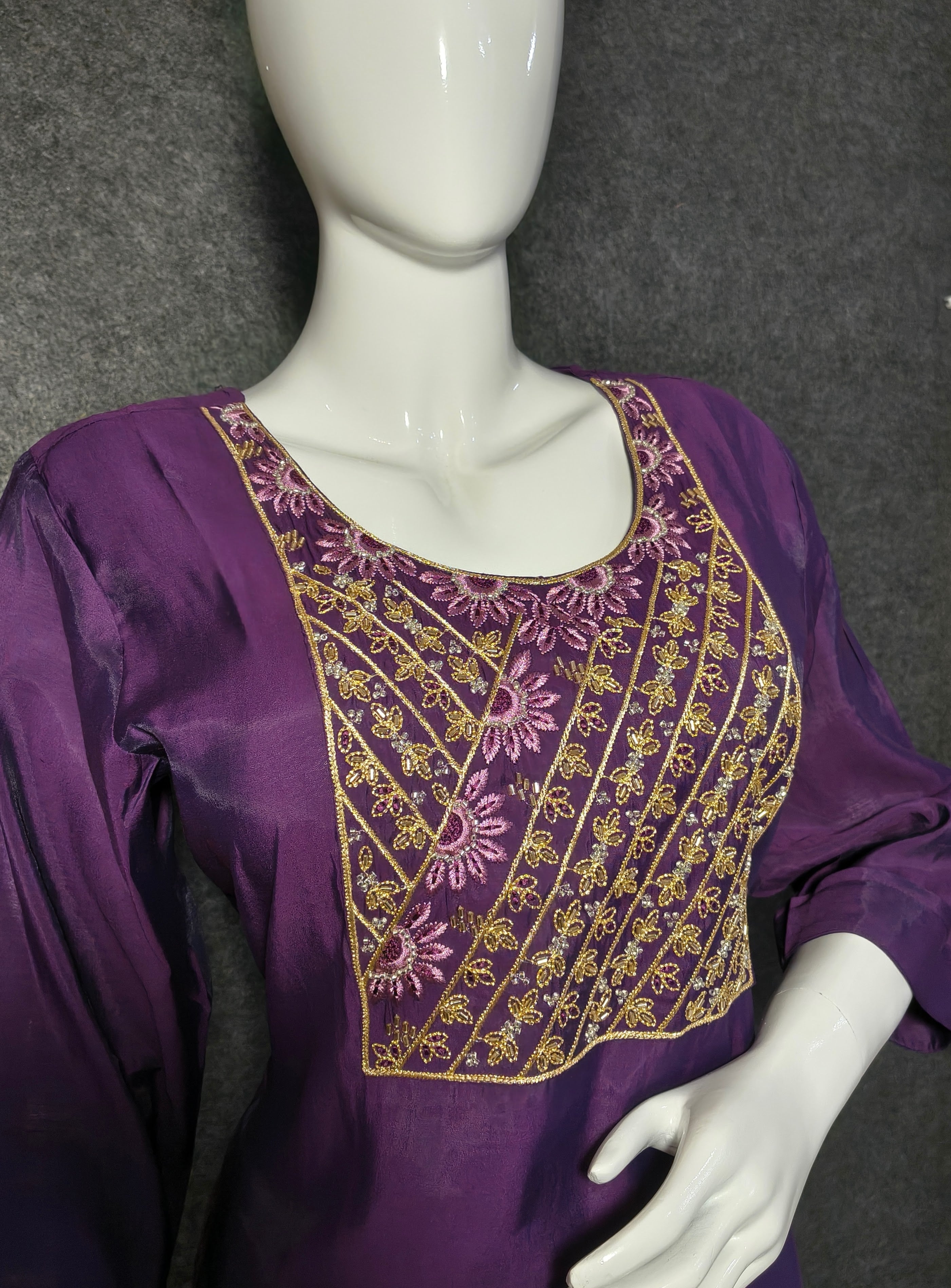 Royal Purple Roman Silk Suit with Organza Dupatta & Embroidered Neckline