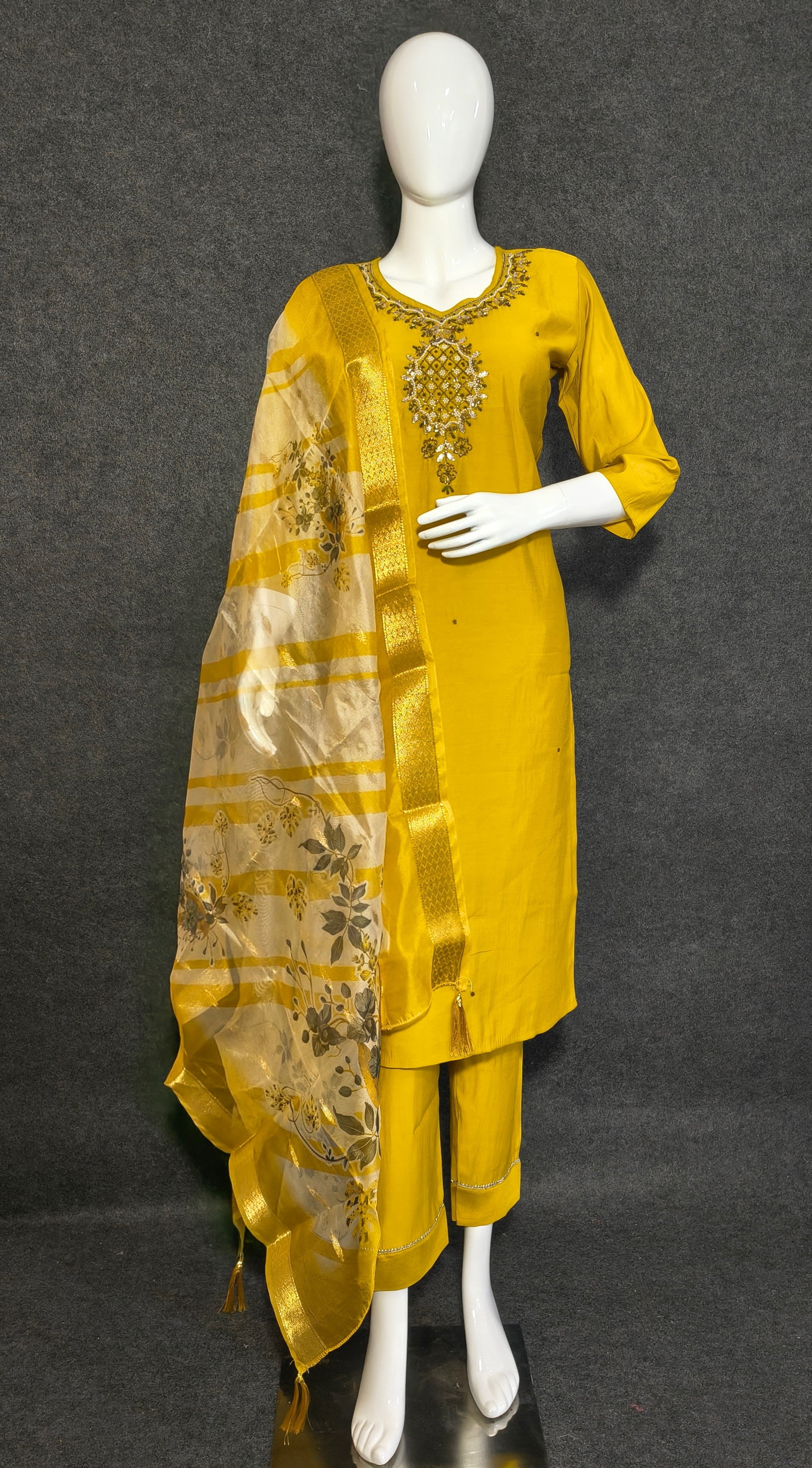 Mustard Yellow Roman Silk Suit with Organza Dupatta & Embroidered Neckline