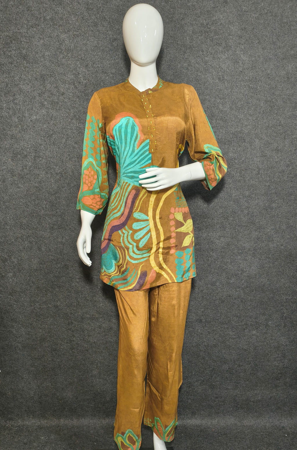 Mustard Brown Printed Crape Short Co-ord Set