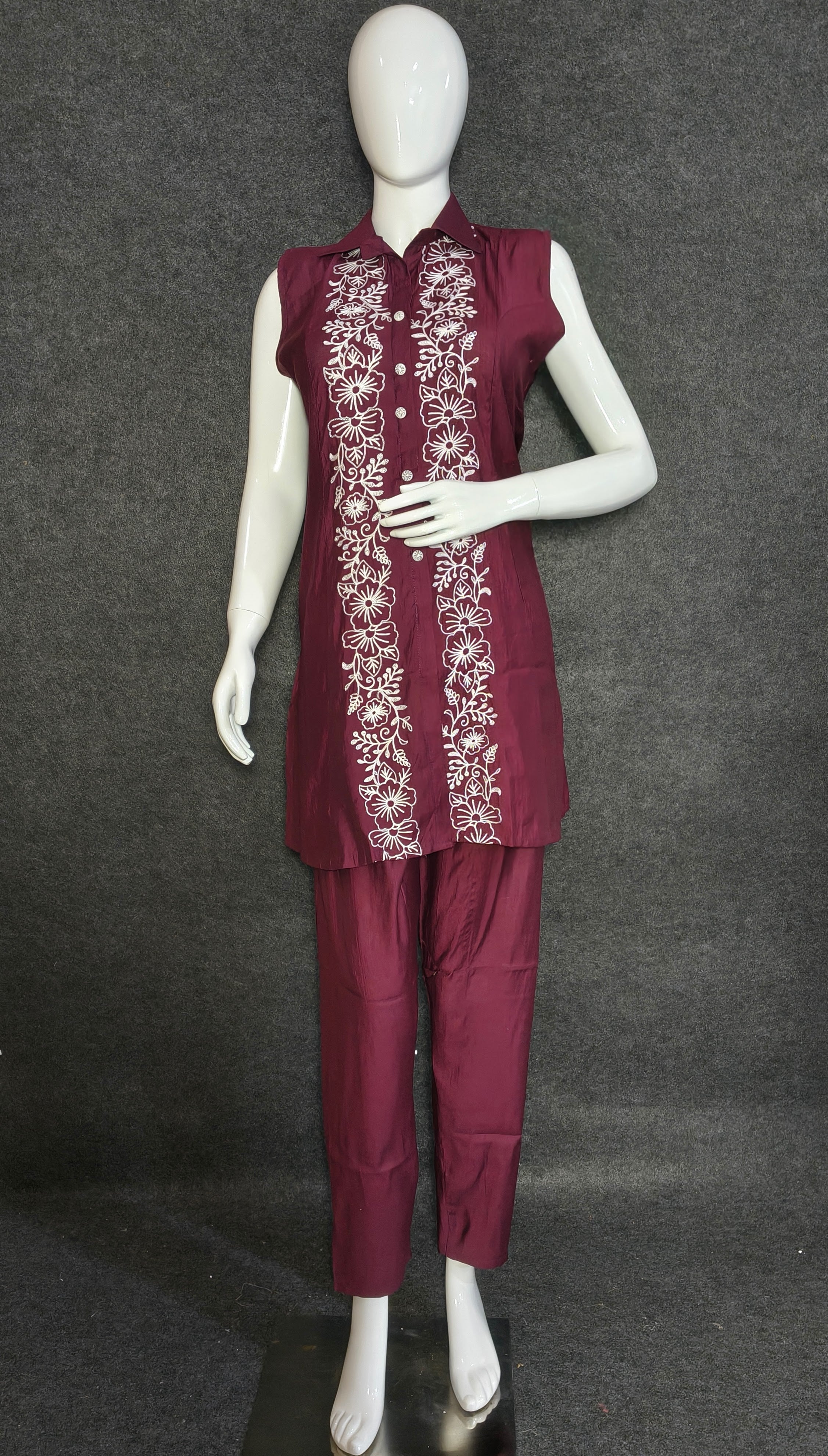 Maroon Vatican Short Co-Ord Set with Thread Embroidery