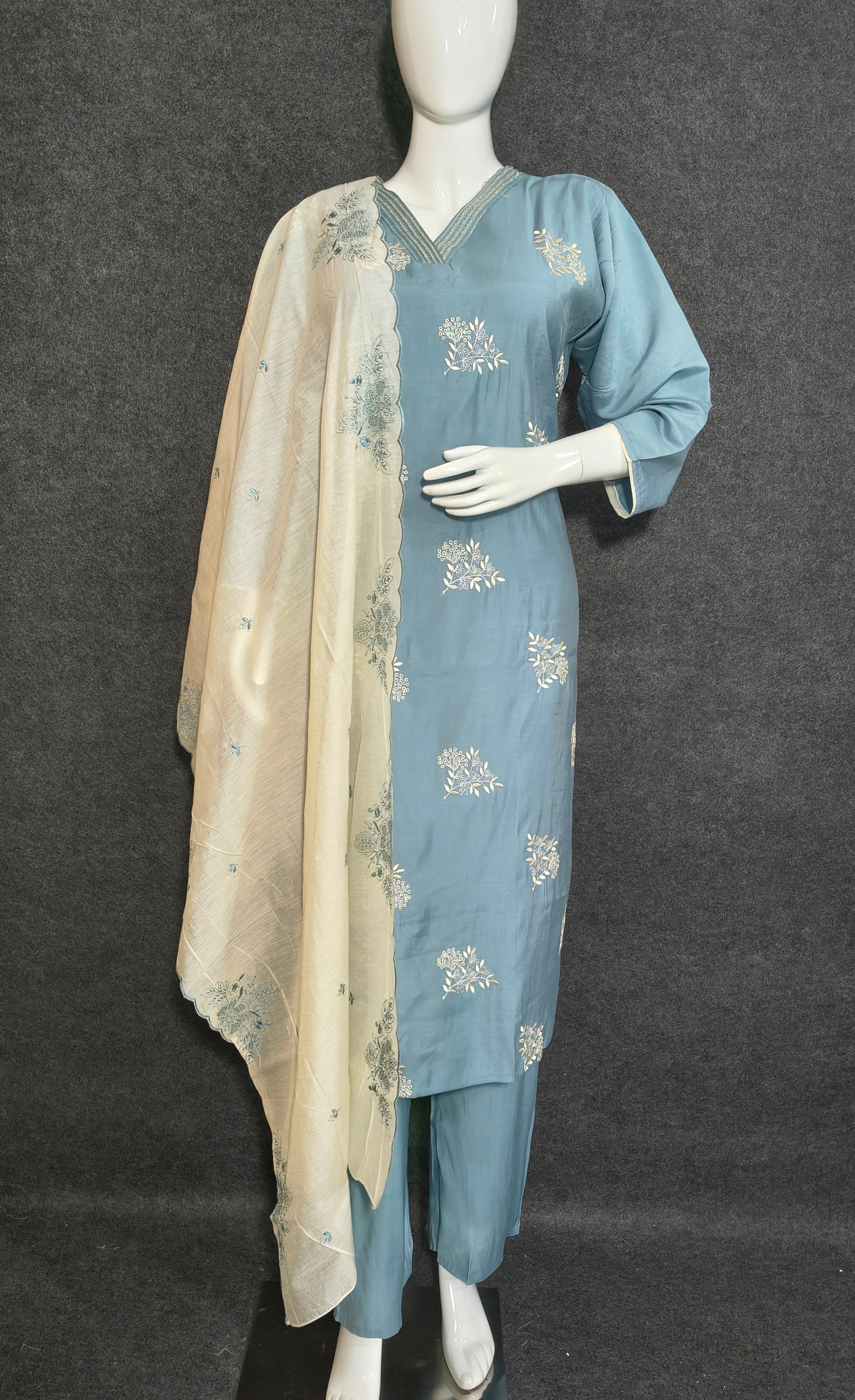 Light Blue Silk Suit with Matching Silk Dupatta