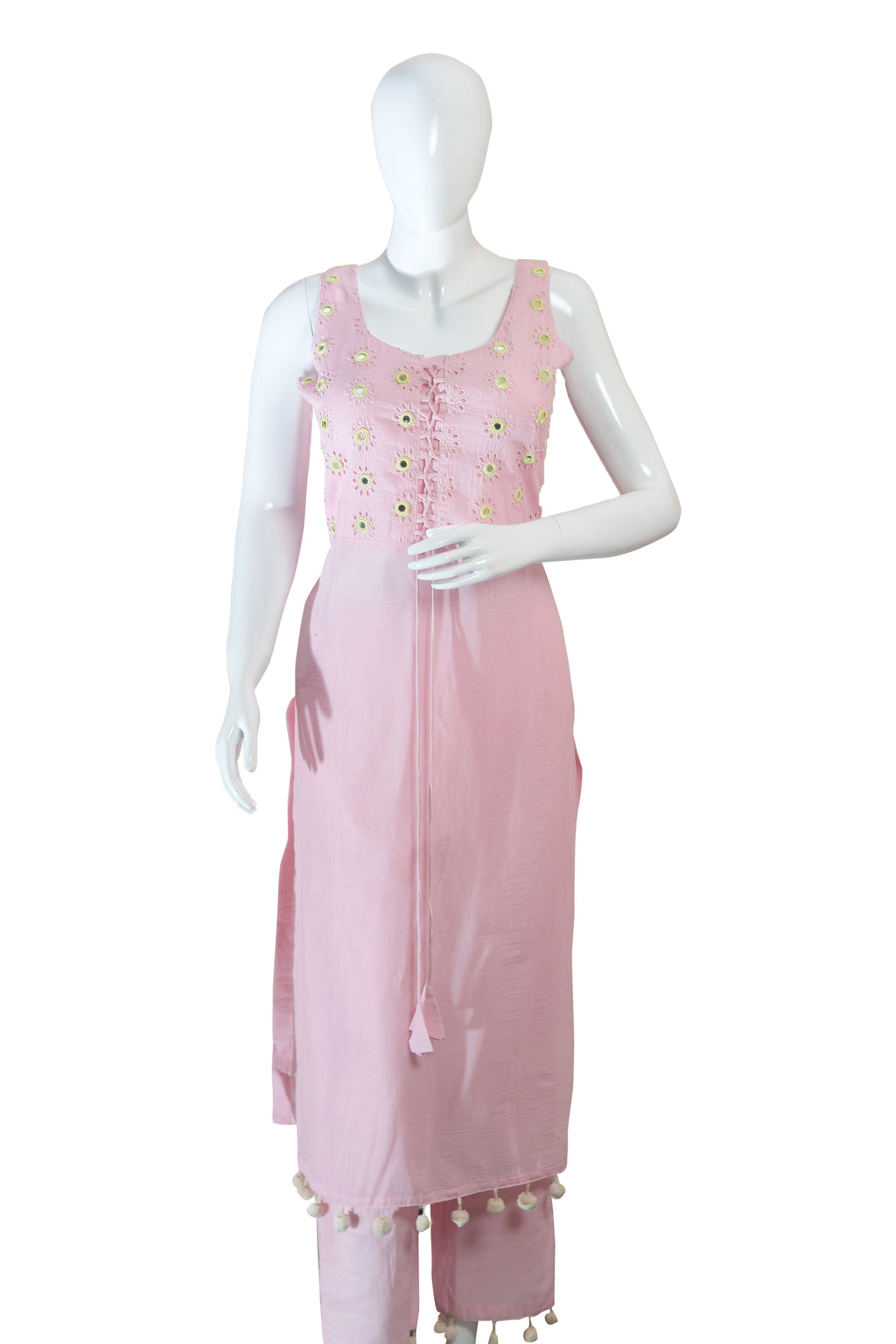 Cotton Pink Kurta Set with Floral Embroidery and Tassel Details | Sleeveless Ethnic Suit with Pants | Festive & Casual Wear