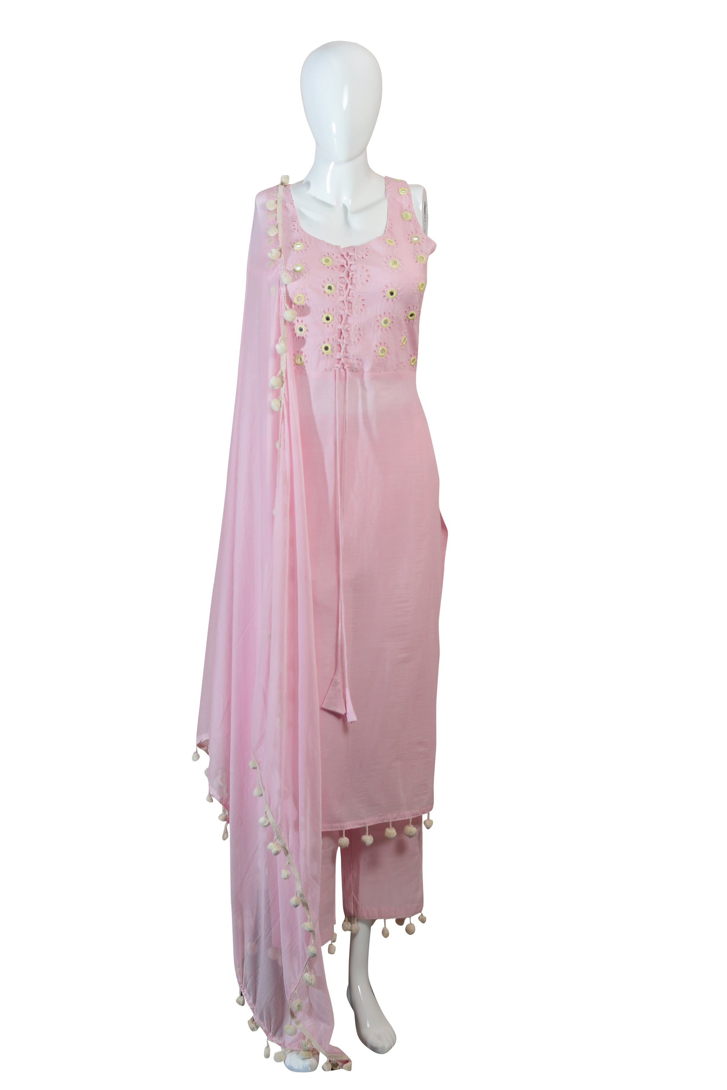 Cotton Pink Kurta Set with Floral Embroidery and Tassel Details | Sleeveless Ethnic Suit with Pants | Festive & Casual Wear