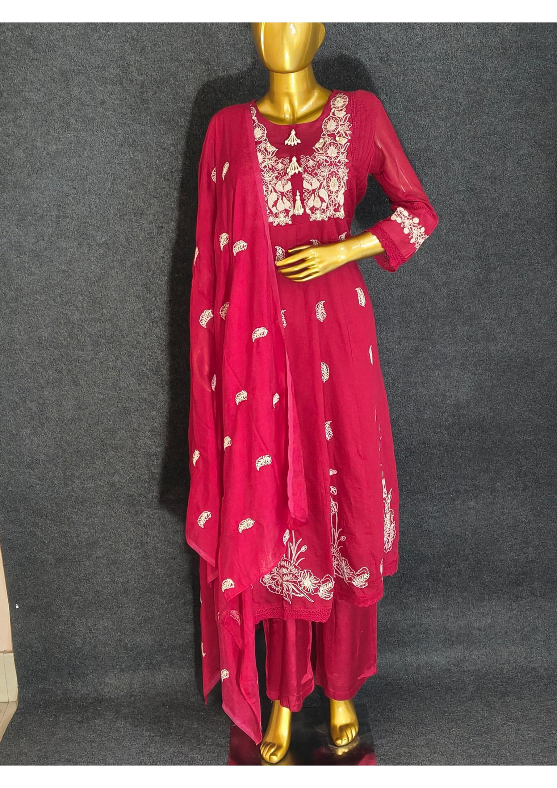 Mal Chanderi Hand Embroidered Anarkali Suit with Dupatta