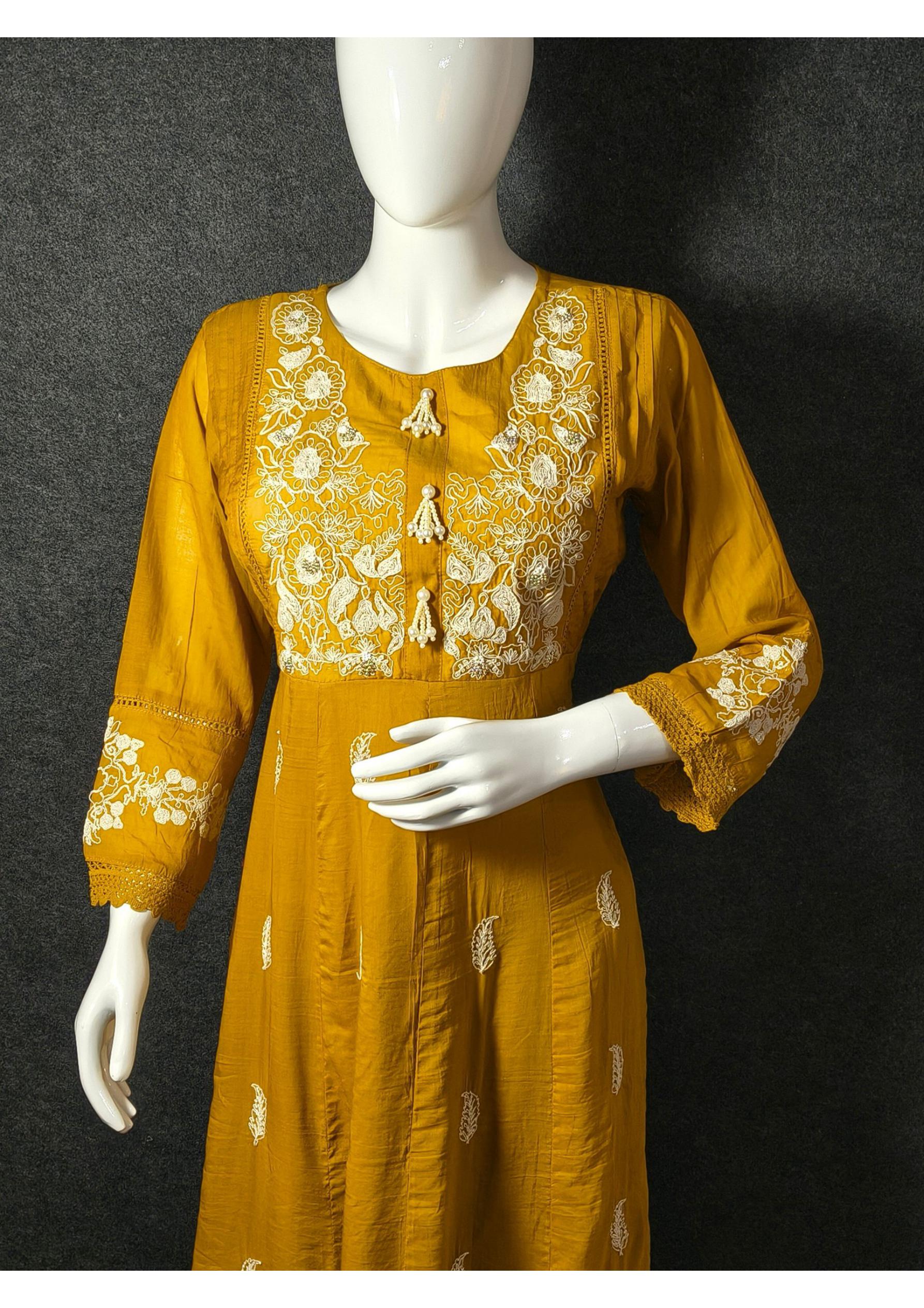 Premium Mustard Mal Chanderi Hand Embroidered Anarkali Suit with Dupatta