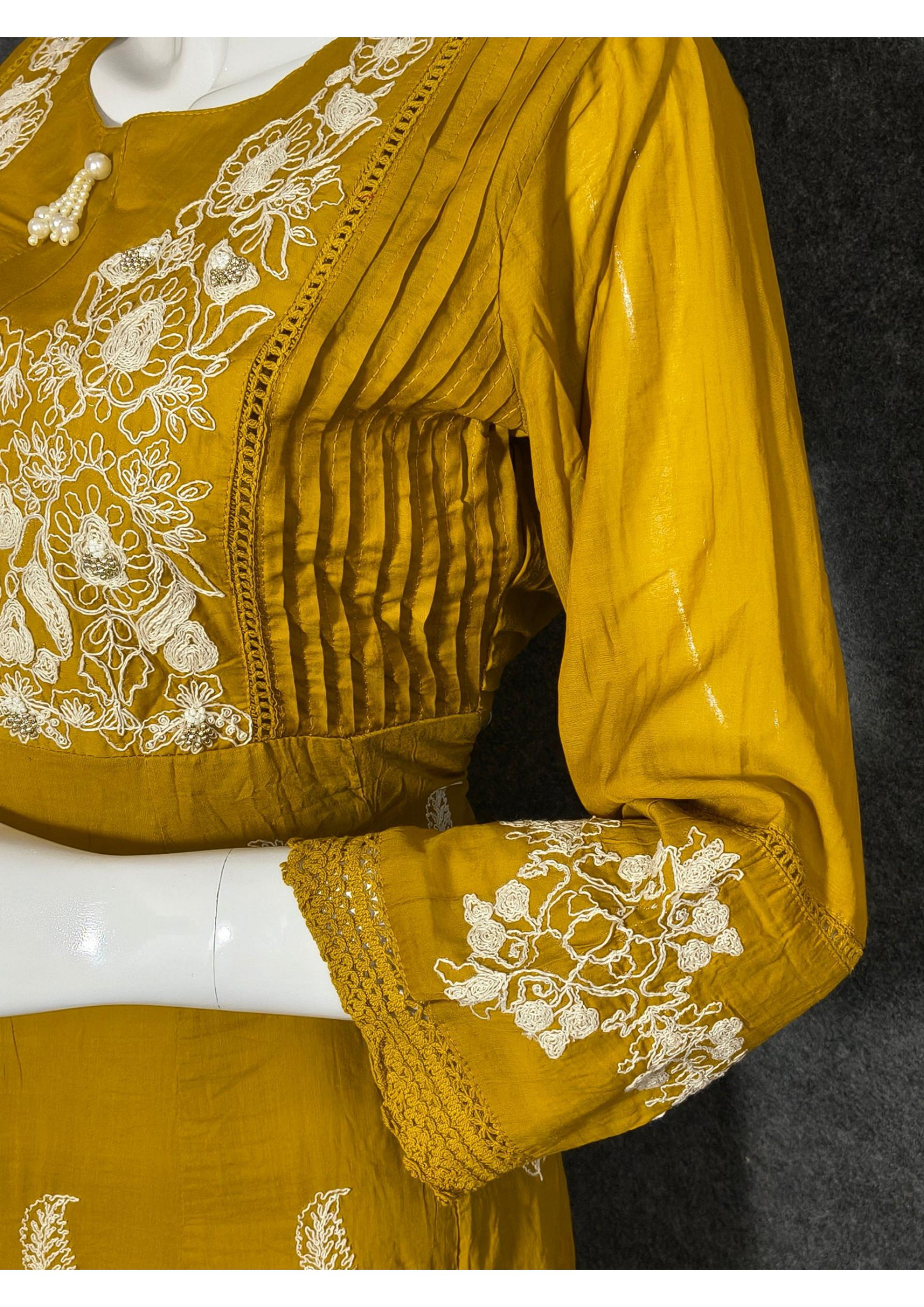 Premium Mustard Mal Chanderi Hand Embroidered Anarkali Suit with Dupatta
