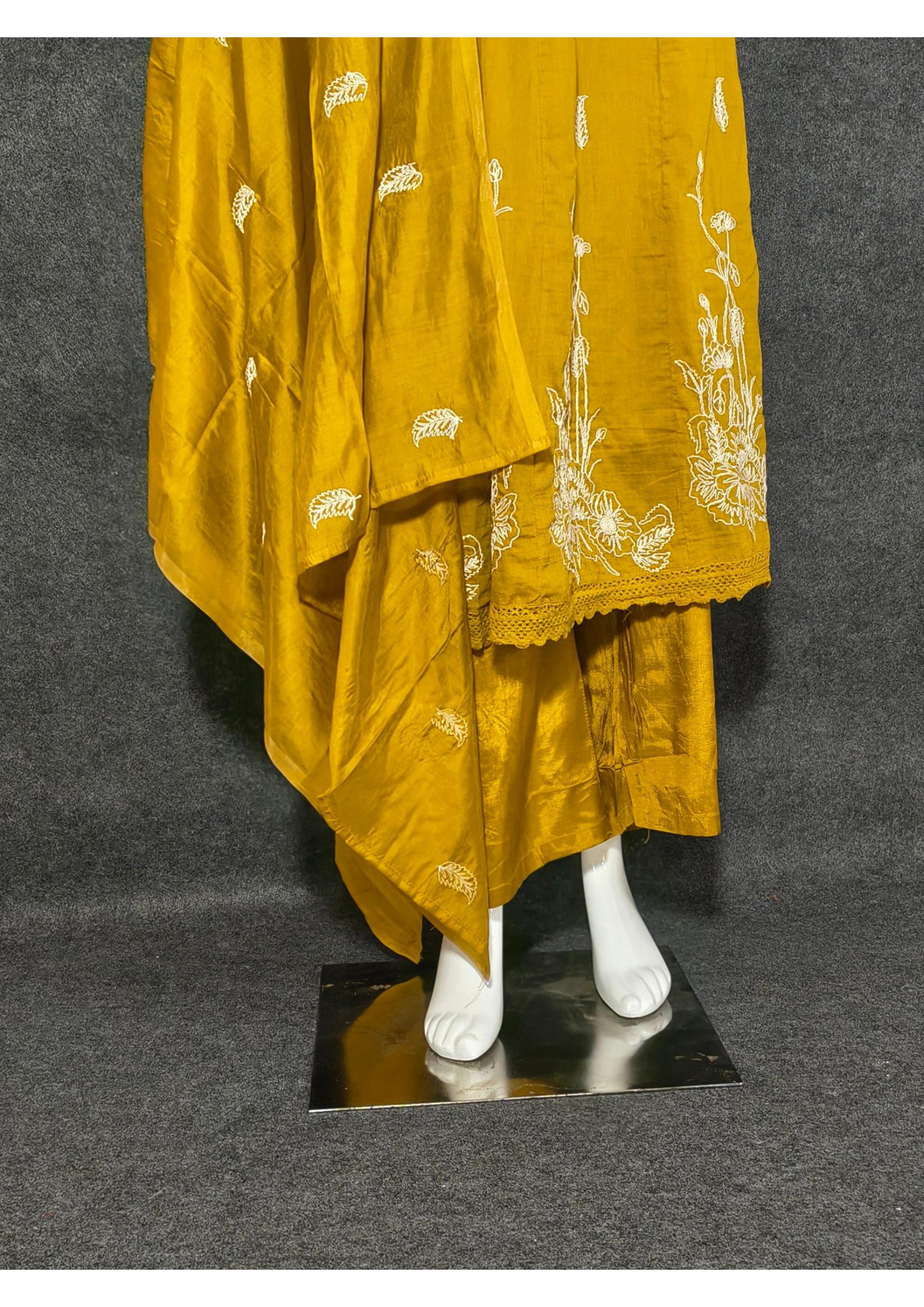 Premium Mustard Mal Chanderi Hand Embroidered Anarkali Suit with Dupatta
